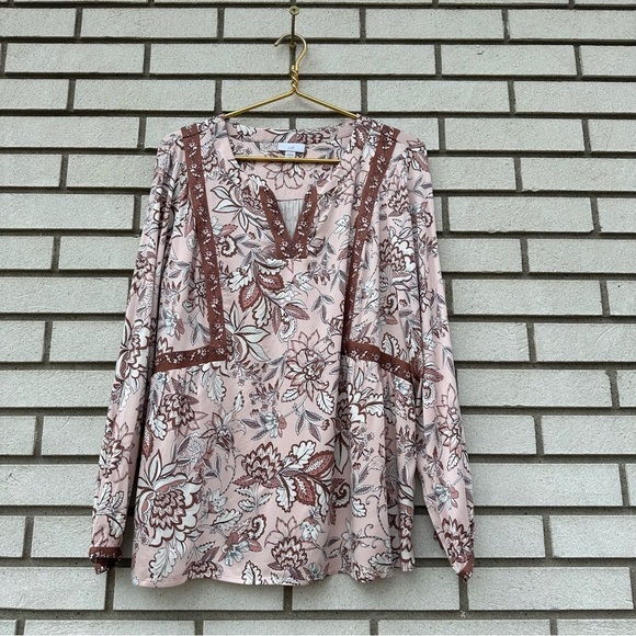 J Jill Floral Long Sleeve V-Neck Bohemian Peasant Contrast Light Pink Blouse Top - Picture 3 of 13